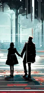 Silhouette of a couple in futuristic cityscape with digital elements.