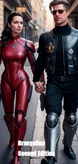 Couple in futuristic armor walking in an urban street setting.