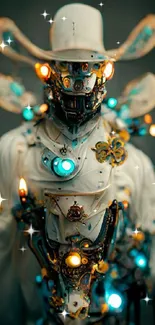 Futuristic robotic cowboy with glowing lights and intricate details.