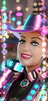 Futuristic cowgirl with neon cityscape background.