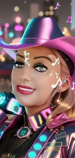 Futuristic cowgirl in neon cityscape wallpaper.