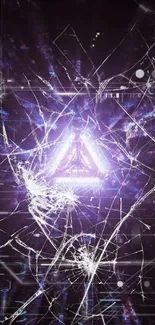 Futuristic cracked screen wallpaper with luminous triangle and purple light.