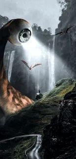 Giant eye creature in a fantasy landscape with dragons and waterfalls.