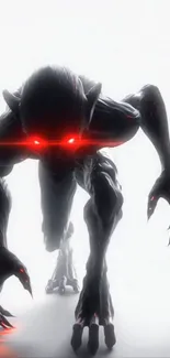 Futuristic creature with glowing red eyes on a dark background.