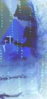 Futuristic blue matrix wallpaper with crosses and digital text.