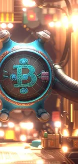 Futuristic crypto clock in a digital steampunk style setting.