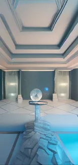 Futuristic crystal chamber with light blue hues.