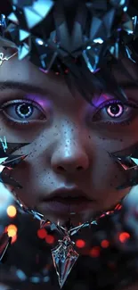 Futuristic portrait with crystal elements in digital art style.