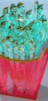 Crystal French fries with turquoise glow in modern art design.