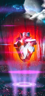 Futuristic crystal heart glowing in a mystical, moonlit forest scene.