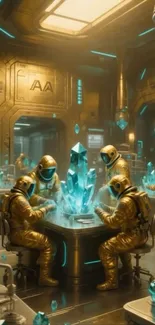 Astronauts study glowing crystals in a futuristic lab.