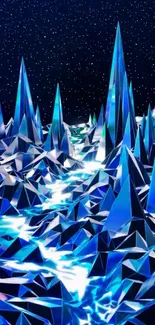 Futuristic blue crystal landscape under stars.