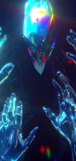 Futuristic crystal robot with glowing hands