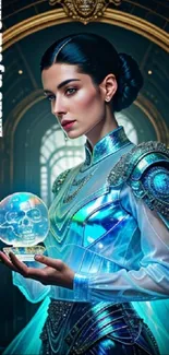 Futuristic woman holds a glowing crystal skull in a digital fantasy scene.