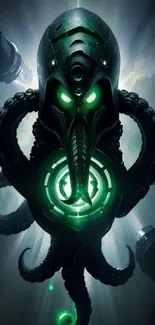 Futuristic Cthulhu wallpaper with glowing green eyes and tentacles.