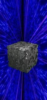 Futuristic metallic cube with neon blue streaks wallpaper.