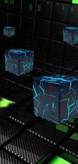 Glowing blue cubes on a dark, futuristic wallpaper.