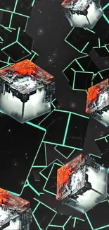 Futuristic cubes with neon geometric background in a sci-fi wallpaper design.