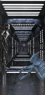 Futuristic sci-fi wallpaper with alien figures in a high-tech corridor.