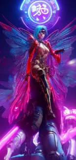 Colorful futuristic angel with neon wings and cybernetic features.