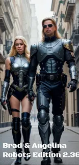 Futuristic duo wearing cyber armor in a cityscape.