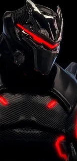 Futuristic cyber warrior in black armor with glowing red accents.