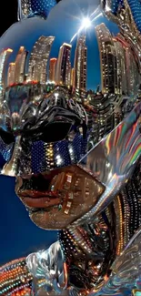 Reflective cybernetic Batman with cityscape in this digital art wallpaper.