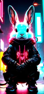 Neon lit cyber bunny sits in futuristic cityscape.