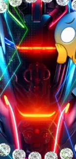 Futuristic cyber car with neon lights and shock emoji on mobile wallpaper.