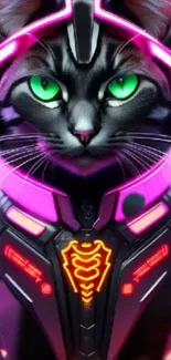 Futuristic cyber cat with neon colors and tech armor.