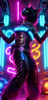 Futuristic neon cat in a cyber-themed environment.