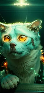 Futuristic cyber cat with glowing eyes on a teal background.