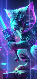 Futuristic cyberpunk cat with neon lights in a vibrant city background.