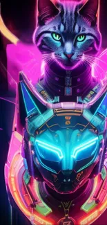 Futuristic cyber cat with neon lights in vibrant colors.