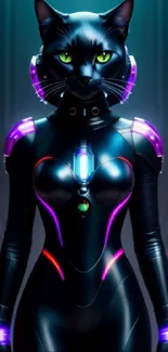 Futuristic cat in neon cyber suit, perfect for sci-fi wallpaper lovers.