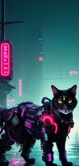 Futuristic cyberpunk cat with neon accents in a cityscape.