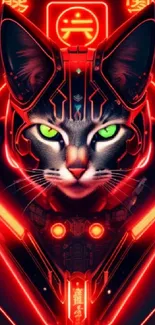 Futuristic cat with neon red glow in a cyberpunk style.