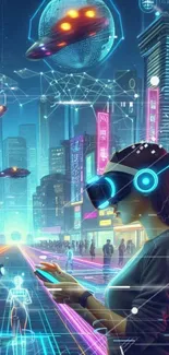 Futuristic cityscape with neon lights and virtual reality elements.