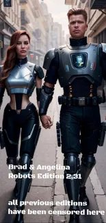 Futuristic couple in high-tech armor walking down an urban street.