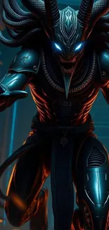 Futuristic cyber demon with glowing eyes.