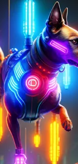 Futuristic cyber dog with neon lights and glowing elements in a sci-fi setting.