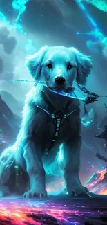 Futuristic cyber dog in neon glow against sci-fi backdrop.