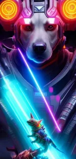 High-tech cyber dog with neon lights in cyberpunk style.