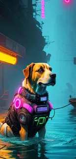 Cyberpunk dog in neon-lit futuristic city wallpaper.