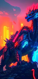 Futuristic neon cyber dragon on a colorful backdrop.