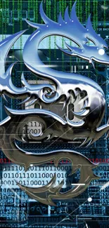 Futuristic cyber dragon with blue digital code overlay.