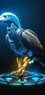 Futuristic cybernetic eagle with blue glow on a digital platform.