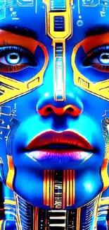 Futuristic face with vibrant digital design in blue and gold hues.