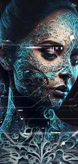 Futuristic cybernetic face art with glowing blue accents for mobile wallpaper.