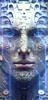 Futuristic cyber face with intricate digital designs and vibrant colors.